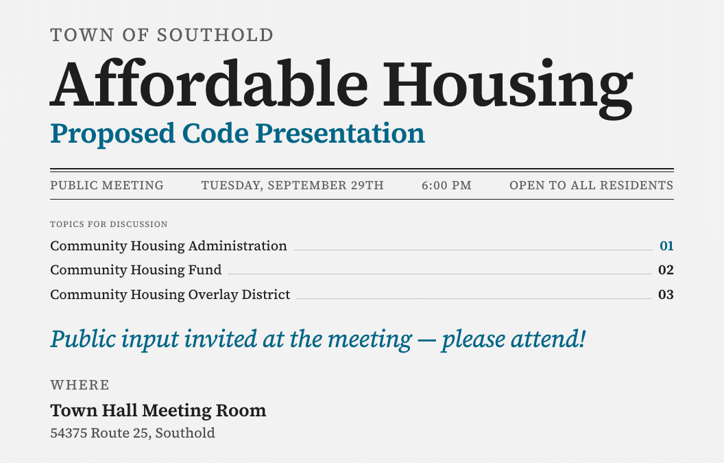 On September 29, 2026 at 6pm, the Town is hosting a public input session on these proposed code changes in the Town Hall Meeting Room.